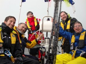 Jonathan Abel-Millman (left) and crew in a storm off Norfolk.